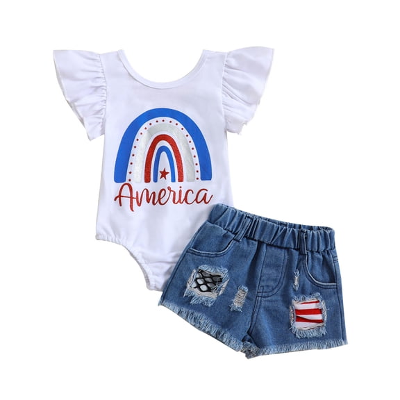 Povozer 4th of July Clothes for Kids 250 Anniversary Toddler Kids Girls 4th Of July Words Short Sleeve Independence Day Romper Jeans Shorts USA Flag Pattern 2pcs Outfits Set Size 12-24 Months,White