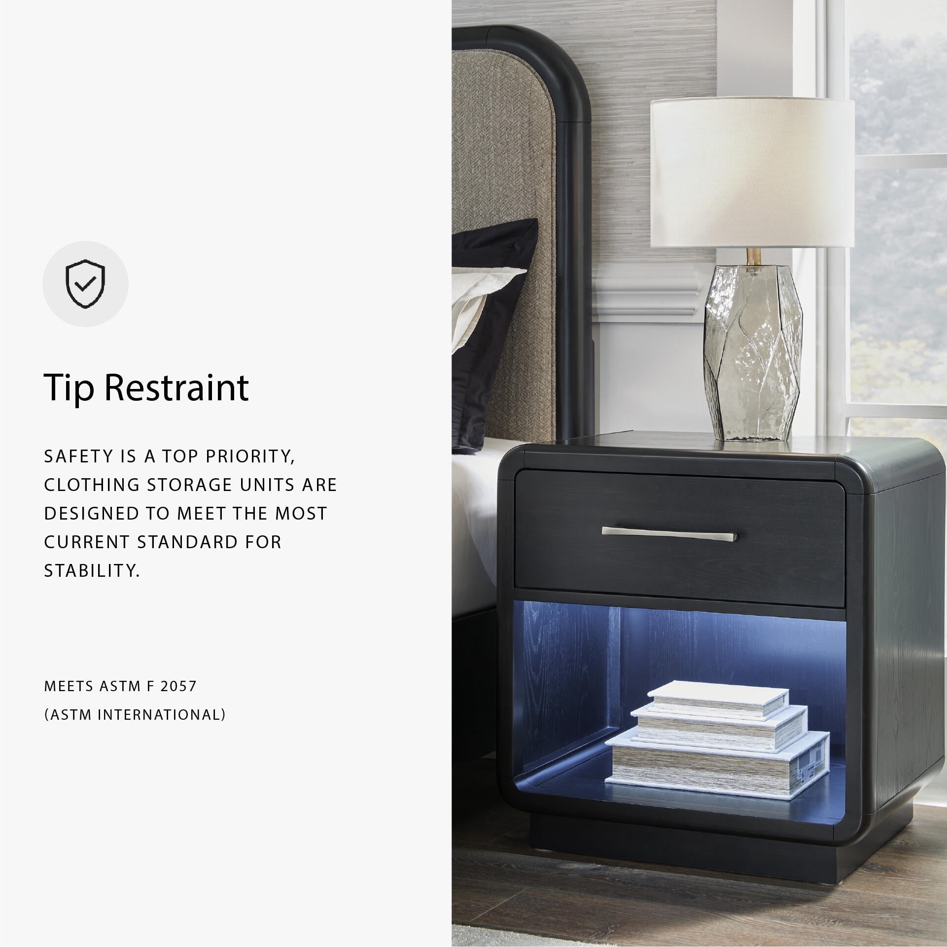 Signature Design by Ashley Rowanbeck 1-Drawer Nightstand, Black, Contemporary Bedside Table with LED Nightlight and USB Charging