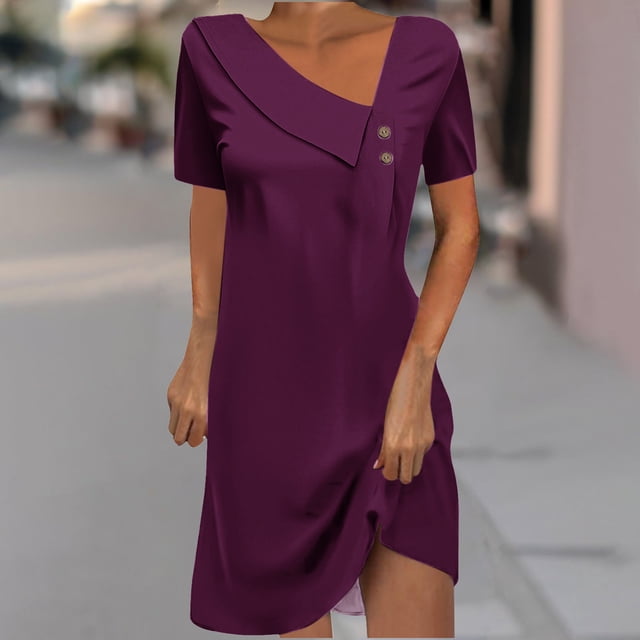 Économies de Temps Limité, Robe Mi-Mollet à Manches Courtes et Col Rond pour Femmes, Robe Mi-Mollet à Manches Courtes et Col Rond Simple et Élégante pour un Usage Quotidien Toute la Journée