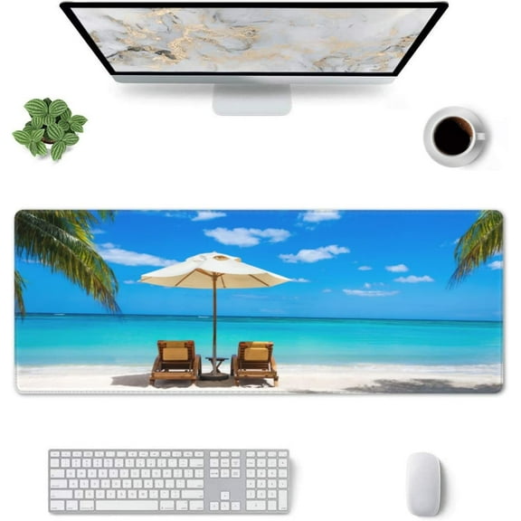 Beach Ocean Mouse Pad Stitched Edge XL Large Mousepad 31.5" X 11.8" Rubber Base Non Slip Desk Mat for Laptop Pc Computer Gaming