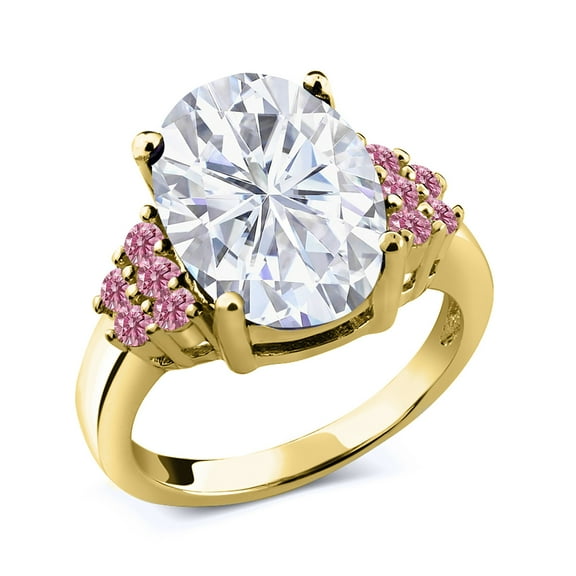 Gem Stone King 18K Yellow Gold Plated Silver Pink Lab Grown Diamond Ring Set with Moissanite (5.53 Cttw, Size 7)
