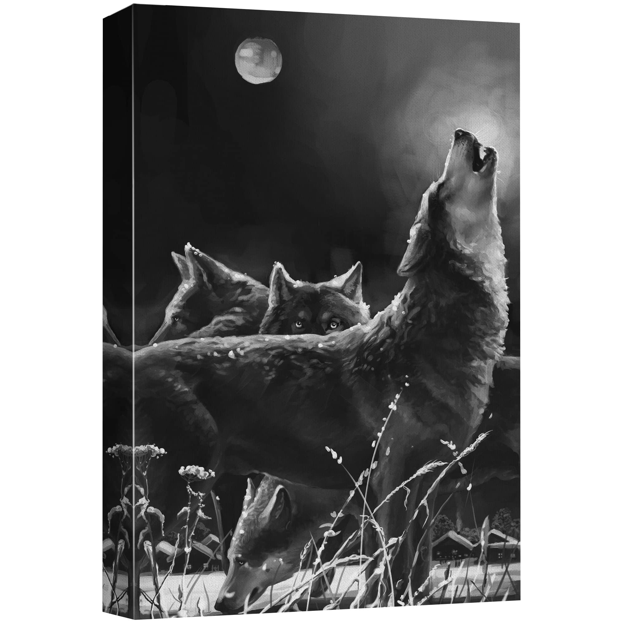 wall26 Canvas Print Wall Art Howling Wolf Trio on Winter Night Animals Wildlife Digital Art Realism Chic Scenic Colorful Nature Wilderness for Living Room Bedroom Office - 24 x36