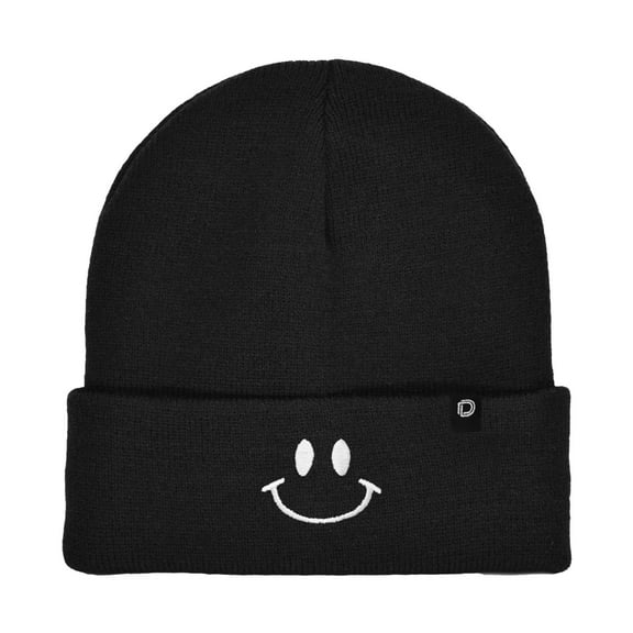 Dalix Embroidered Smile Face Beanie in Black