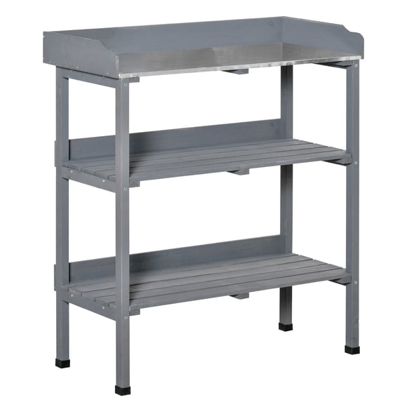 Outsunny Outdoor Potting Bench, Wooden Potting Table w/ Hooks, Grey