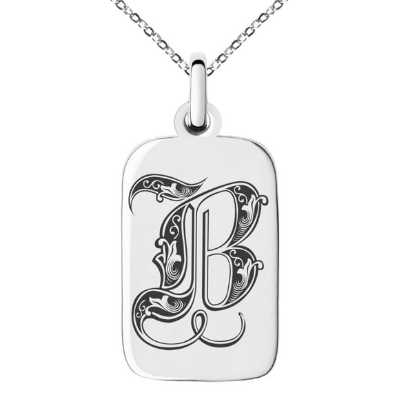 Tioneer Stainless Steel Letter B Initial Royal Monogram Engraved Small Rectangle Dog Tag Charm Pendant Necklace