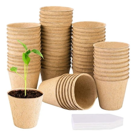 

Catinbow 50Pcs Round Seed Starter Pots Biodegradable and Organic Germination Seedling Fibre Pots Kit for Indoor Outdoor Garden Herb Plants Flower Vegetable with 20Pcs White Plastics Plant adorable