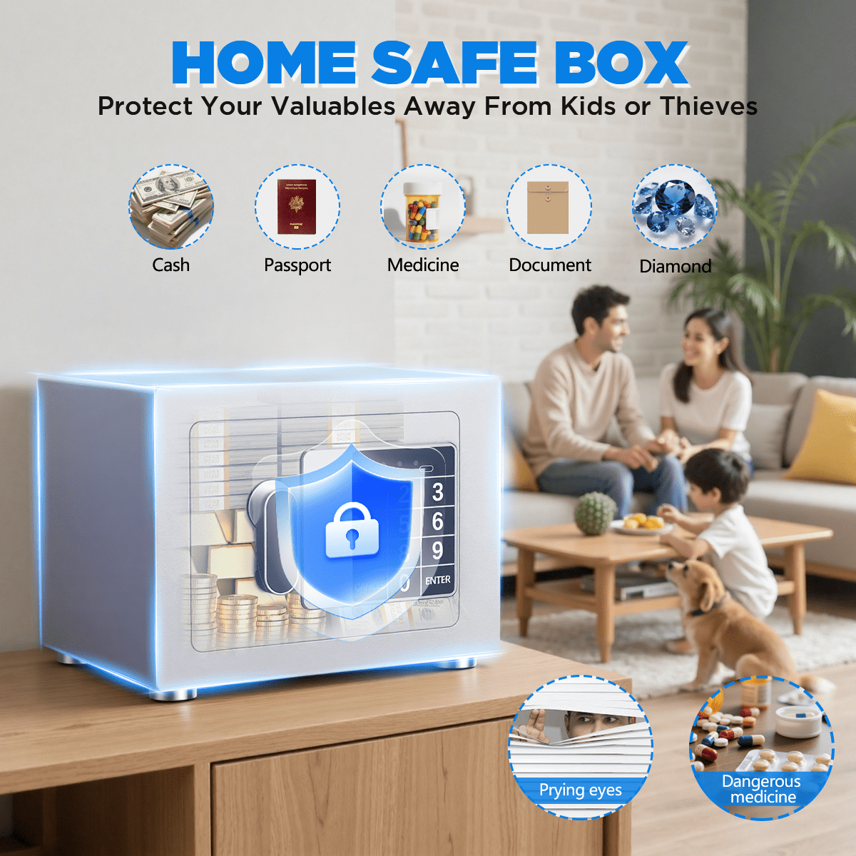 SYSENFO 0.25 Feet Cubic Safe Box, Money Lock Safes with Digital Keypad, USB Cable and Sensor Light, Security Safe for Home Office Hotel (White)