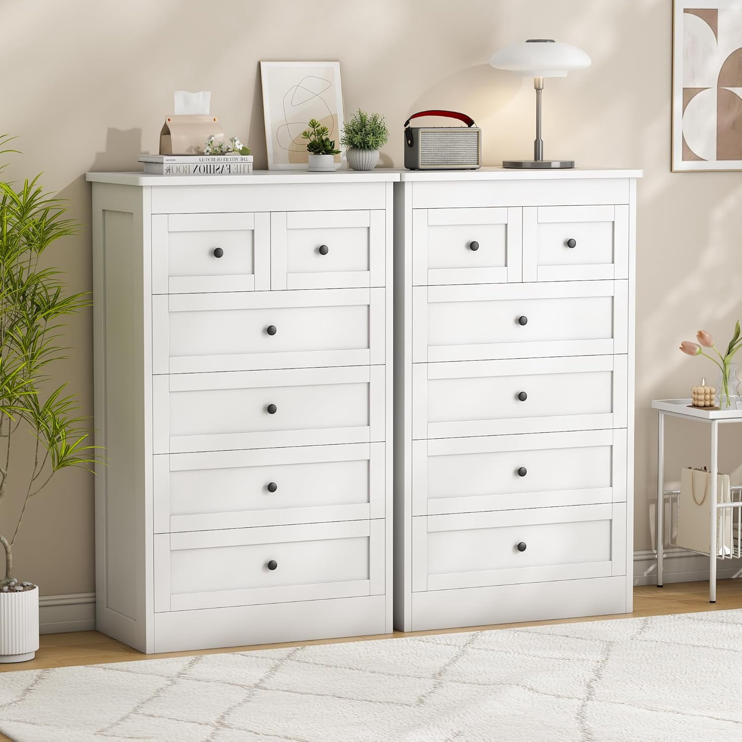 Pipleo White Dresser Tall 6 Drawer Dresser for Bedroom, 43.3" Modern Farmhouse Wood Chest of Drawers, Storage Organizer with Smooth Metal Rails & Anti-Tip Kit for Hallway, Closet, Living Room