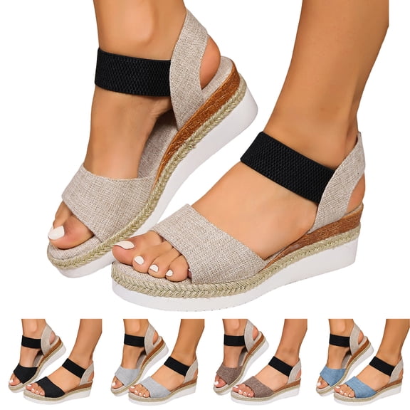 Pandaie Women's Espadrille Platform Wedge Sandals Comfortable Casual Elastic Ankle Strap Open Toe Walking Shoes for Summer Work Vacation Beige 6.5