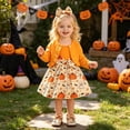 thumbnail image 2 of Halloween Outfits Set 3PC Toddler Girl Pumpkin Ghost Print Sleeveless Bow Dress Long Sleeve Ruffles Coat Tops Headbands Comfy Festival Clothing Size 2-3T, 2 of 9