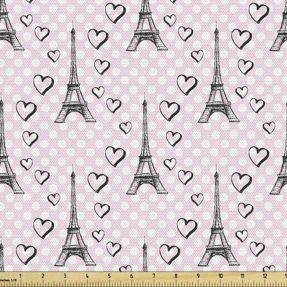 Ambesonne Eiffel Fabric by the Yard Upholstery, Polka Dots Hearts, 2 Yards, Pale Pink Black White