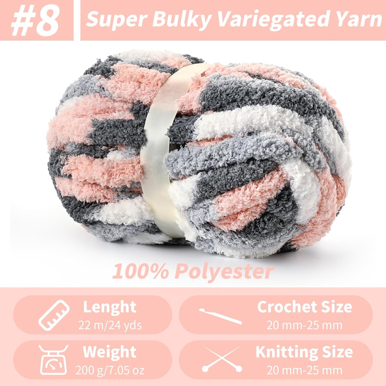 10  Fluffy Chunky Chenille Yarn for Crocheting,  Chunky Blanket Yarn for Hand Knitting, 240yds/70.5oz  Bulky Variegated  Blanket Yarn(Dark Grey--White)