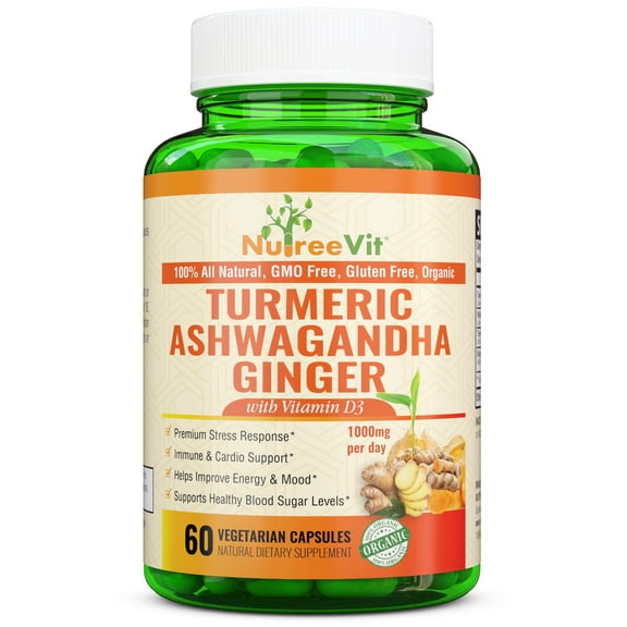 NutreeVit 100% Organic - Turmeric + Ashwagandha + Ginger + Vitamin D3 (90 Count)