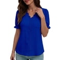 thumbnail image 2 of CAIVO Women Summer Short Sleeve Shirt Fashion Hollow Out Blouse With Pocket V-Neck Casual Holiday Solid Color Back To School Tops, 2 of 5