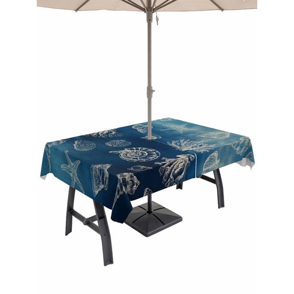 Outdoor Tablecloth with Umbrella Hole for Patio/Picnic/Party/Camping, Nautical Coastal Waterproof Table Cloth Rectangle Table Cover Washable, Retro Ocean Starfish Coral Conch Ombre Blue (54"x 80")