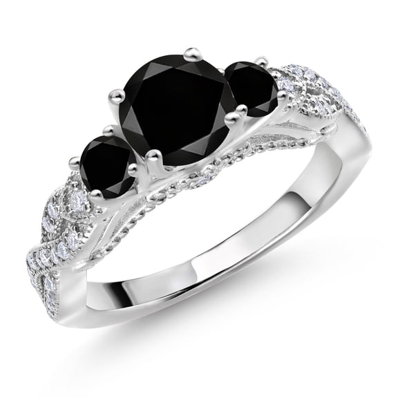 Gem Stone King 1.52 Cttw Black Diamond and White Moissanite Engagement Ring for Women | 925 Sterling Silver | Gemstone April Birthstone | Round 6MM and 3MM (Size 9)