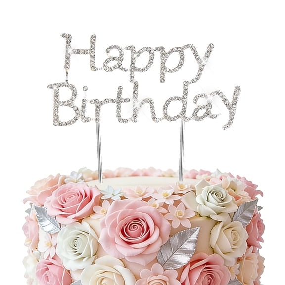 CUGBO Rhinestone Crystal Silver Number Happy Birthday Anniversary Cake Topper