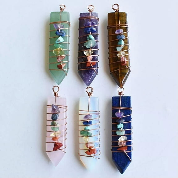 HOOUN 6pcs Natural Gems Crystal Quartz 7 Chakra Pendants Sword Reiki Healing Amulet