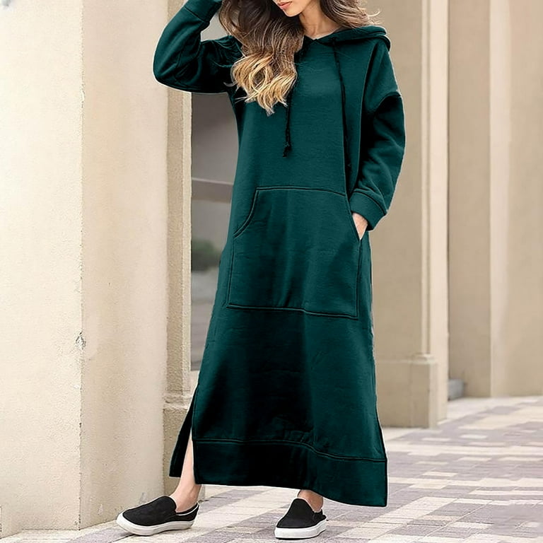 Hvyesh Women Sweatshirt Dresses Long Sleeve Drawstring Hooded Long Dress Classy Plus Size Soild Split Maxi Dress Spring Fall Long Sweatshirt with Kangaroo Pocket Walmart