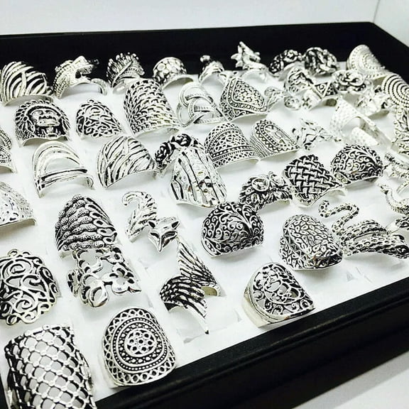 HOOUN Wholesale 20pcs/lot Vintage Carved Flower Silver Plated Jewelry Rings For Women