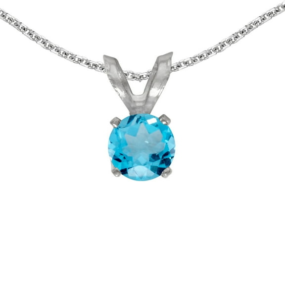 14k White Gold Round Blue Topaz Pendant with 18" Chain