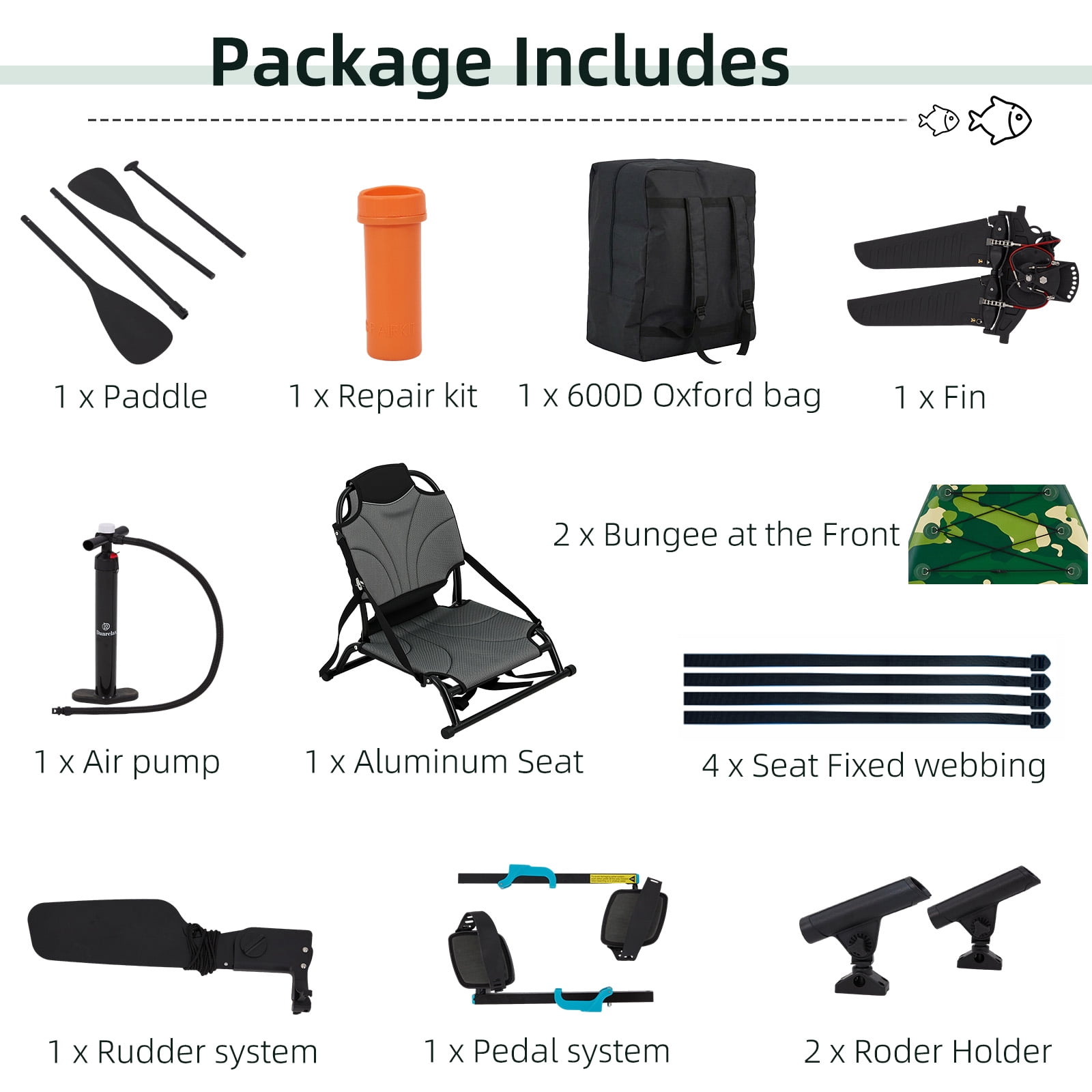 Bezliving Inflatable Kayak with Pedal System, 12ft Premium PVC Fishing Kayak, with Aluminum Seat, Rudder System, Motor Mounting Board, and Accessories Included, Green & Camouflage
