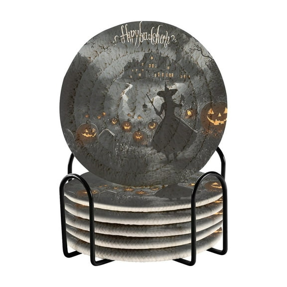 Dark Witch and Haunted House Drink Coasters with Holder Absorbent Coaster for Coffee Table Room Decor 6 Pack