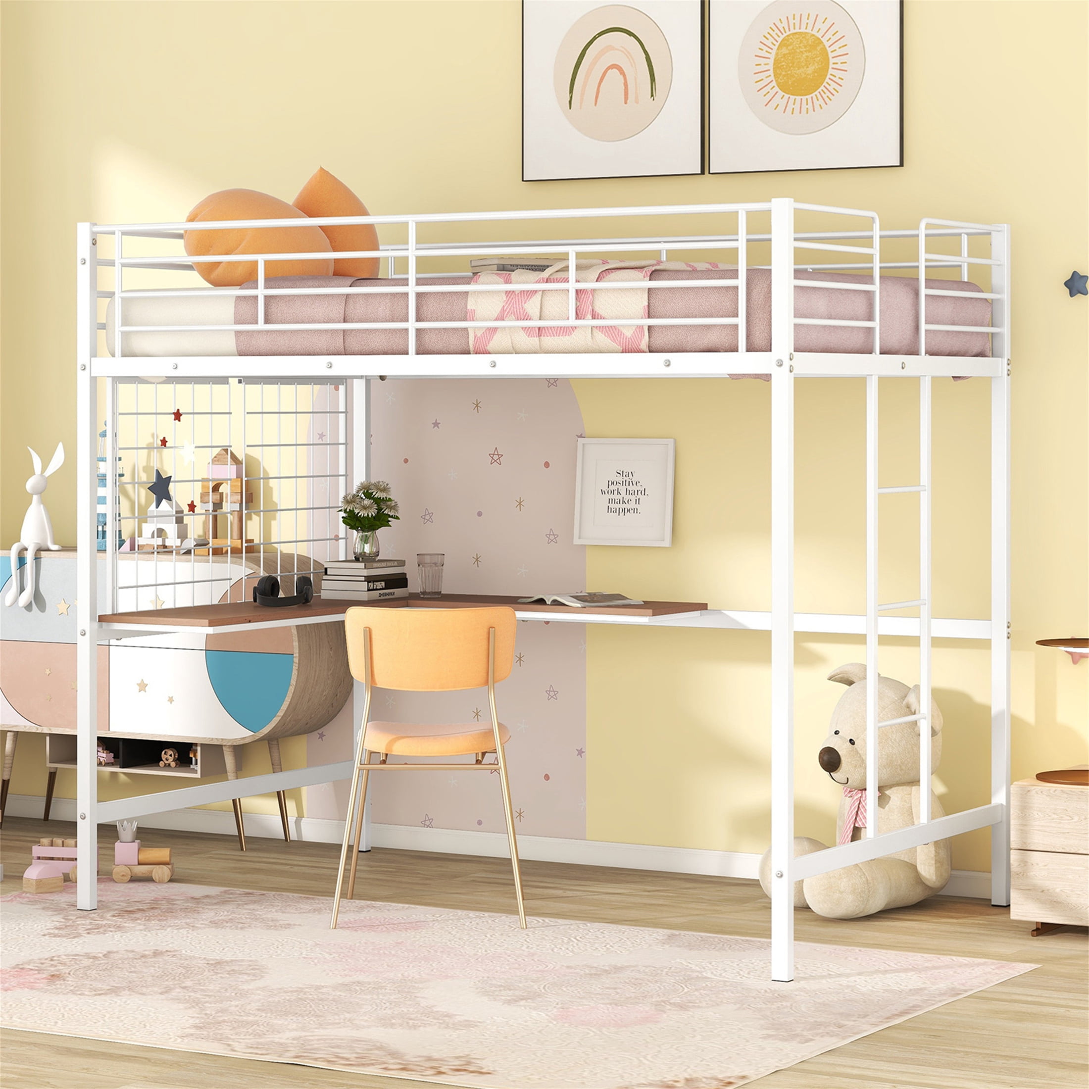 Aukfa Full Size Loft Bed with L shape Desk, Heavy Duty Metal Bed Frame for Teens Adults, White