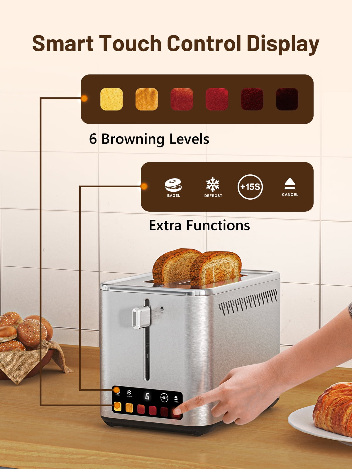 Smart 2 Slice Toaster with Touch Screen, Defrost Function, Wide 1.5" Slots for Bagels, Waffles, Muffins, and Gluten-Free Bread, Stainless Steel Toaster with Warming Rack, 850W