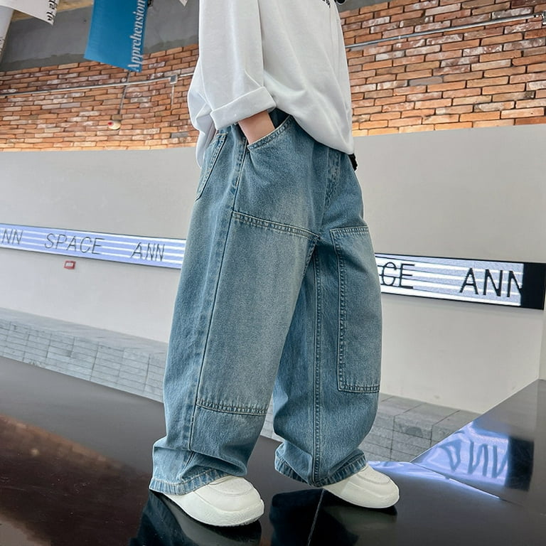 Boys Cargo Jeans New Teenage Children Wide Leg Denim Pants