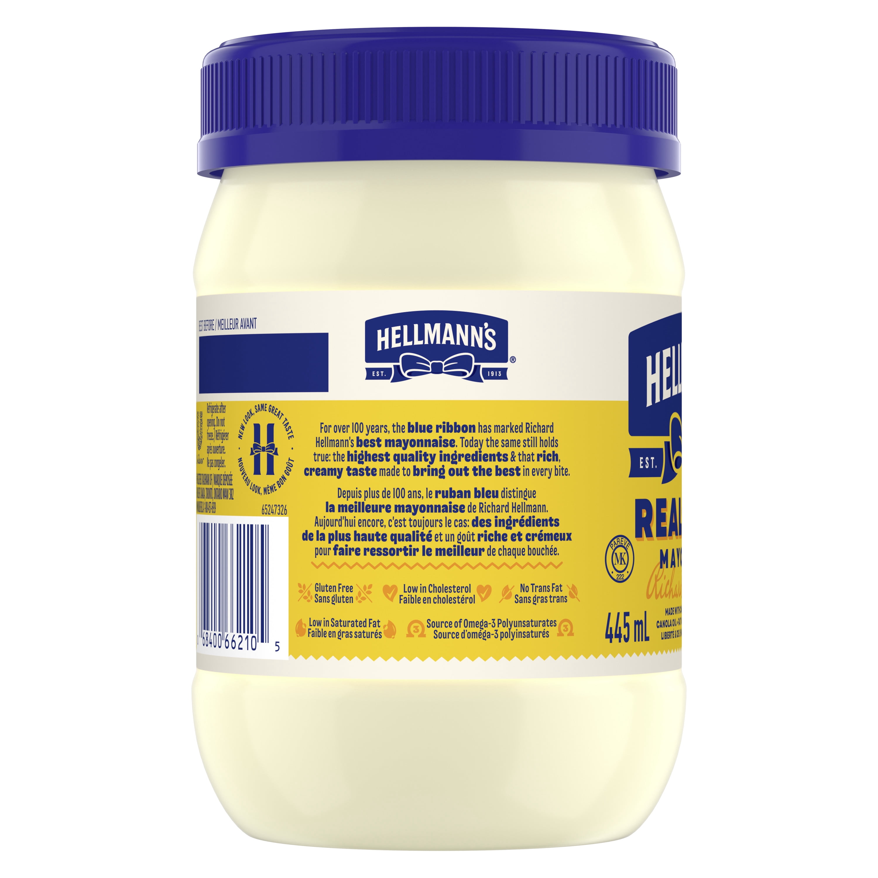 Mayonnaise véritable Hellmann’s, sans gluten et casher, avec œufs de poules élevées en liberté au Canada et huile de canola, 445 ml