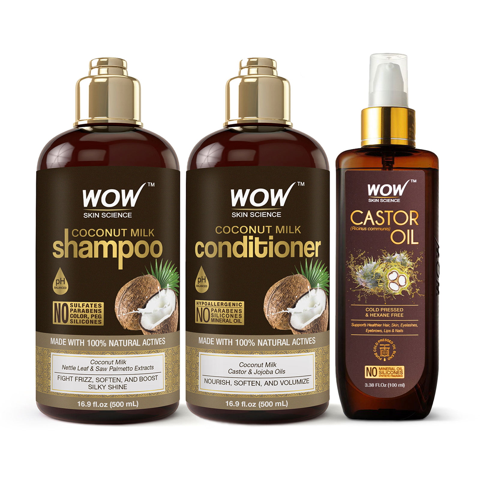 WOW Skin Science Coconut Milk Shampoo and Conditioner 500ml & Castor Oil  100ml 