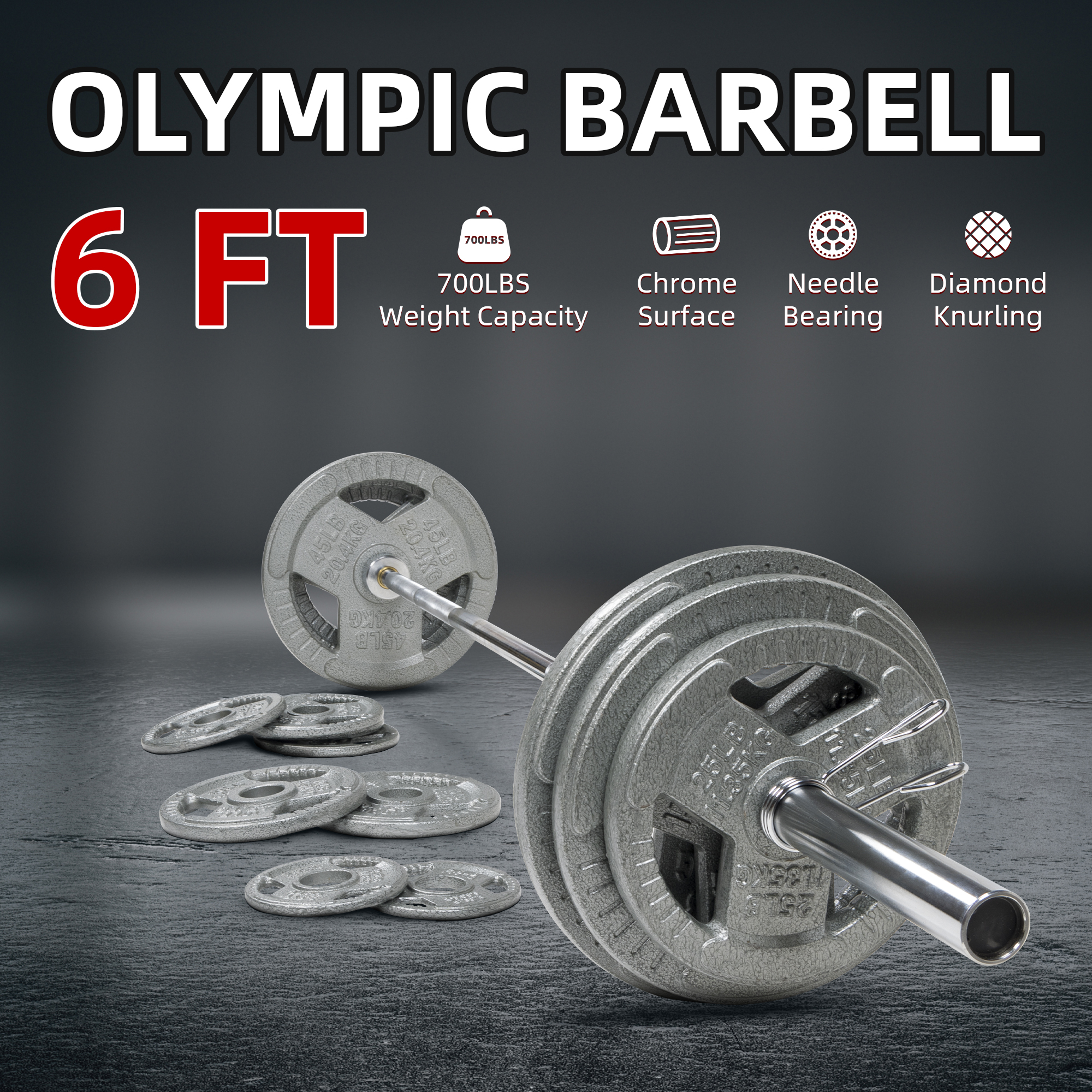 Signature Fitness Olympic Straight Barbell, 6FT Alloy Steel Weightlifting Bar with 2IN Sleeves, Silver Finish for Bench Press and Squats