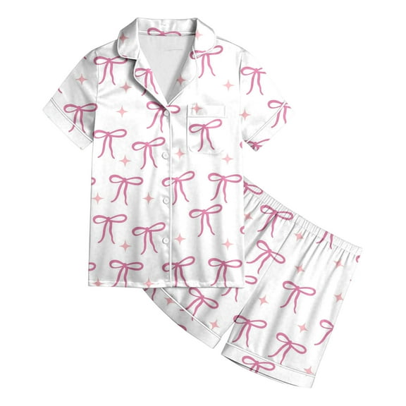 oqasdz Summer Girls Pajamas Big Kids Child Lapel Short Sleeve Bowknot Full Print Top And Elastic Waist Shorts Two Piece Set/6-7 Years