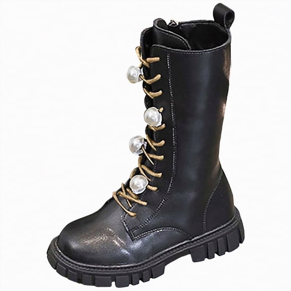 CAICJ98 Little Girl Boots Lace Up Boots Mid Calf Combat Boots Fashion Waterproof PU Leather Side Zipper Punk Goth Kids Riding Boots (Little Kid/Big Kid),13