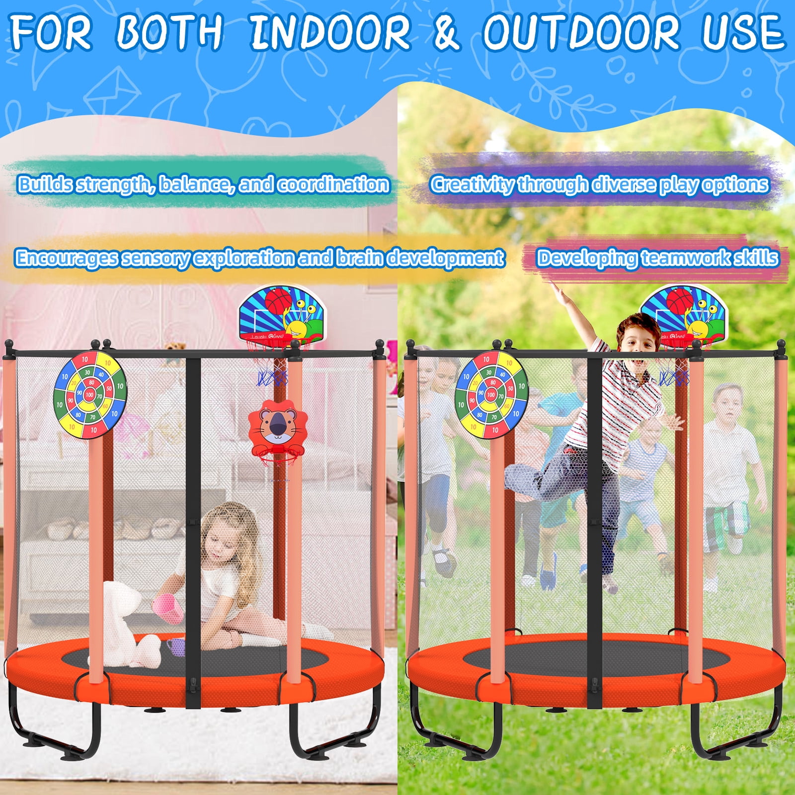ACWARM HOME 5FT Toddler Trampoline For Kids 60" Mini Size Indoor&Outdoor With Safety Net Gift for Boys & Girls 440Lbs for Orange
