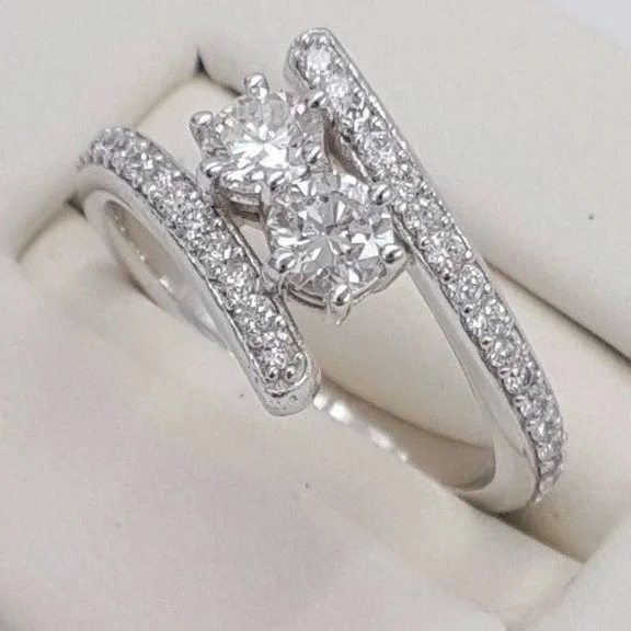 Split Bypass Engagement Ring, 1.6 Ct Round Brilliant Simulated Diamond, Pave Diamond Wedding Ring, 14K White Gold Plated, Women's Anniversary Ring