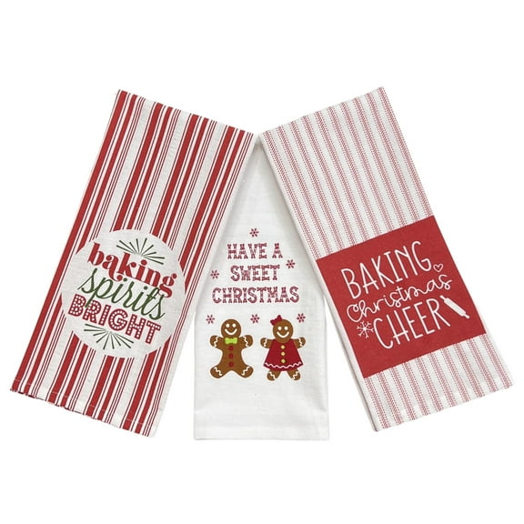Serafina Home Merry Christmas Kitchen Towel Set: Merry Christmas and Baking Spirits Bright Print on Cotton Flour Sack Cloth with Easy Hanging Fabric Hoops