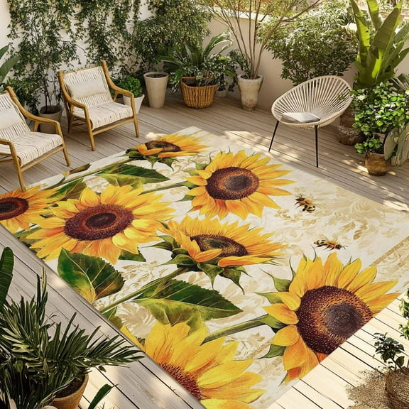 Fsddascl Botanical Sunflowers Outdoor Rug for Patio/Deck/Porch, Non-Slip Large Area Rug 4 x 6 Ft, Summer Garden Flowers Bees Rustic Indoor Outdoor Rugs Washable Area Rugs, Camping Rug Carpet