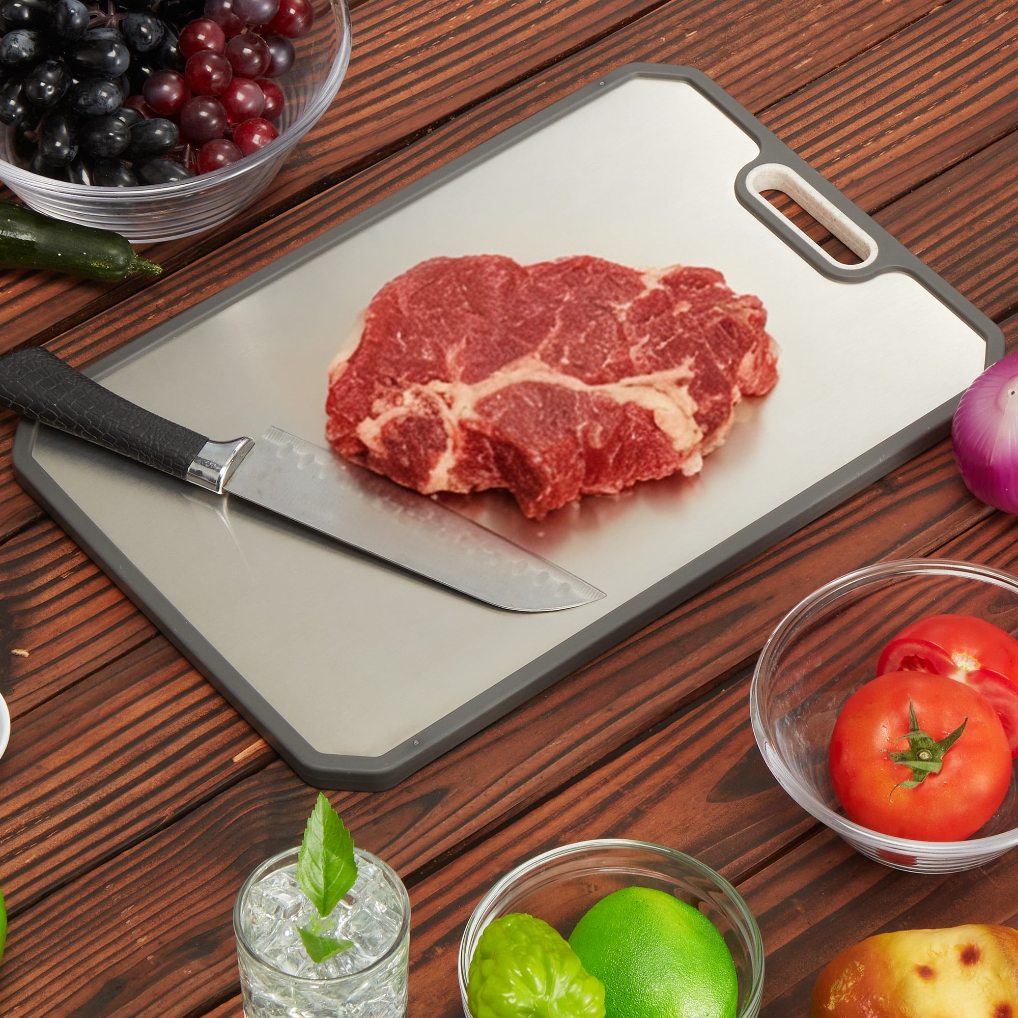Double-Sided 304 Stainless Steel & Titanium Cutting Board with Deep Juice Groove & Built-in Handles, Easy to Clean Chopping Board, for Kitchen – 15x10 Inch