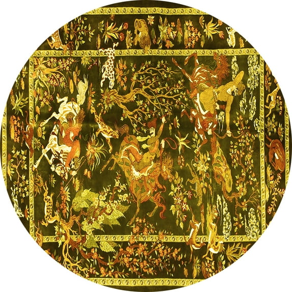 Ahgly Company Machine Washable Indoor Round Persian Yellow Traditional Area Rugs, 3' Round