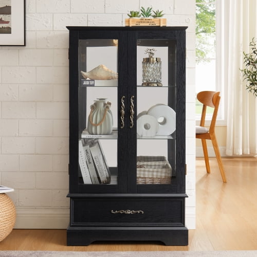 Lighted Glass Curio Display Cabinet, 47.44" Tall, Adjustable Tempered Glass Shelves, 2 Doors, 1 Drawer, LED Lights, Vintage American Style, Black, for Living Room, Dining Room, Hallway