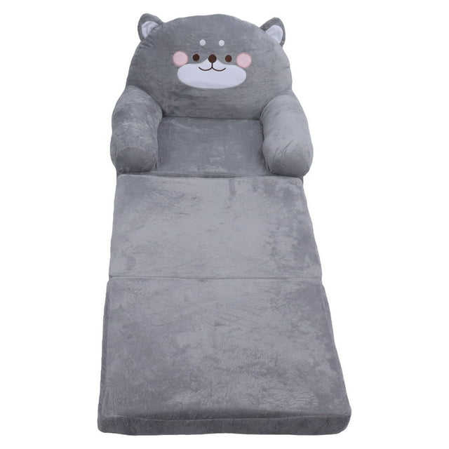 Sofá infantil con diseño de perro gris de dibujos animados, plegable, con asa ancha, suave y transpirable, para leer, relajarse y dormir, 3 capas