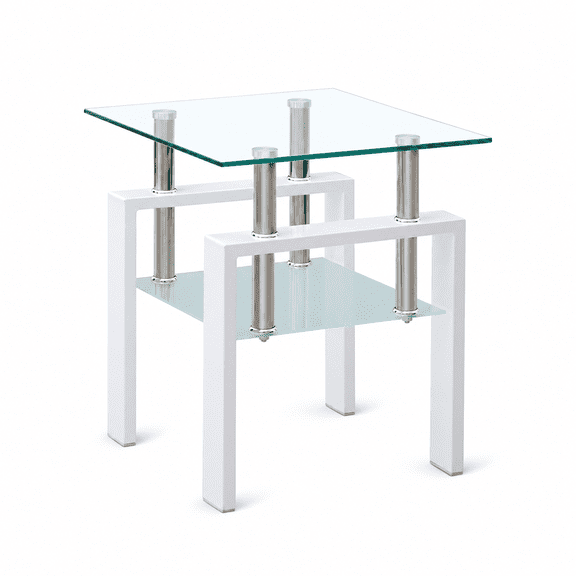 Novikka Square Glass End Table with Lower Shelf, Living Room Side Table, 17.71 in. Wide, Clear and White