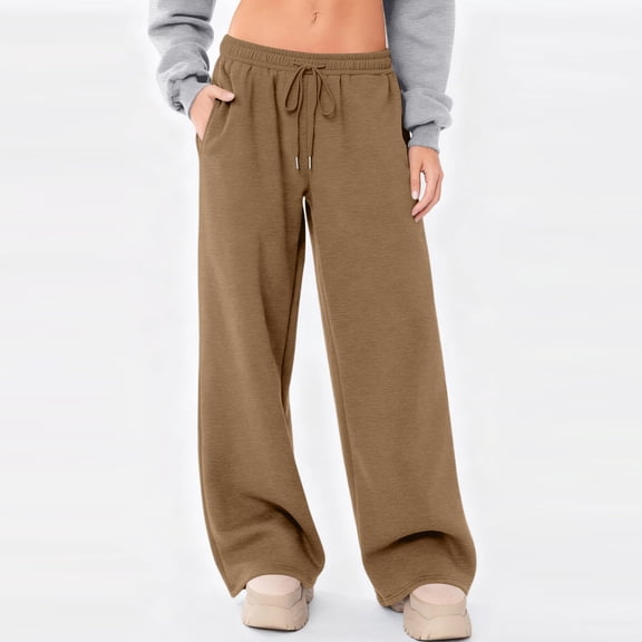 Wide Leg Sweatpants for Women Baggy Low Waist Pants Warm Casual Drawstring Athletic Lounge Wear 2026 Khaki XL