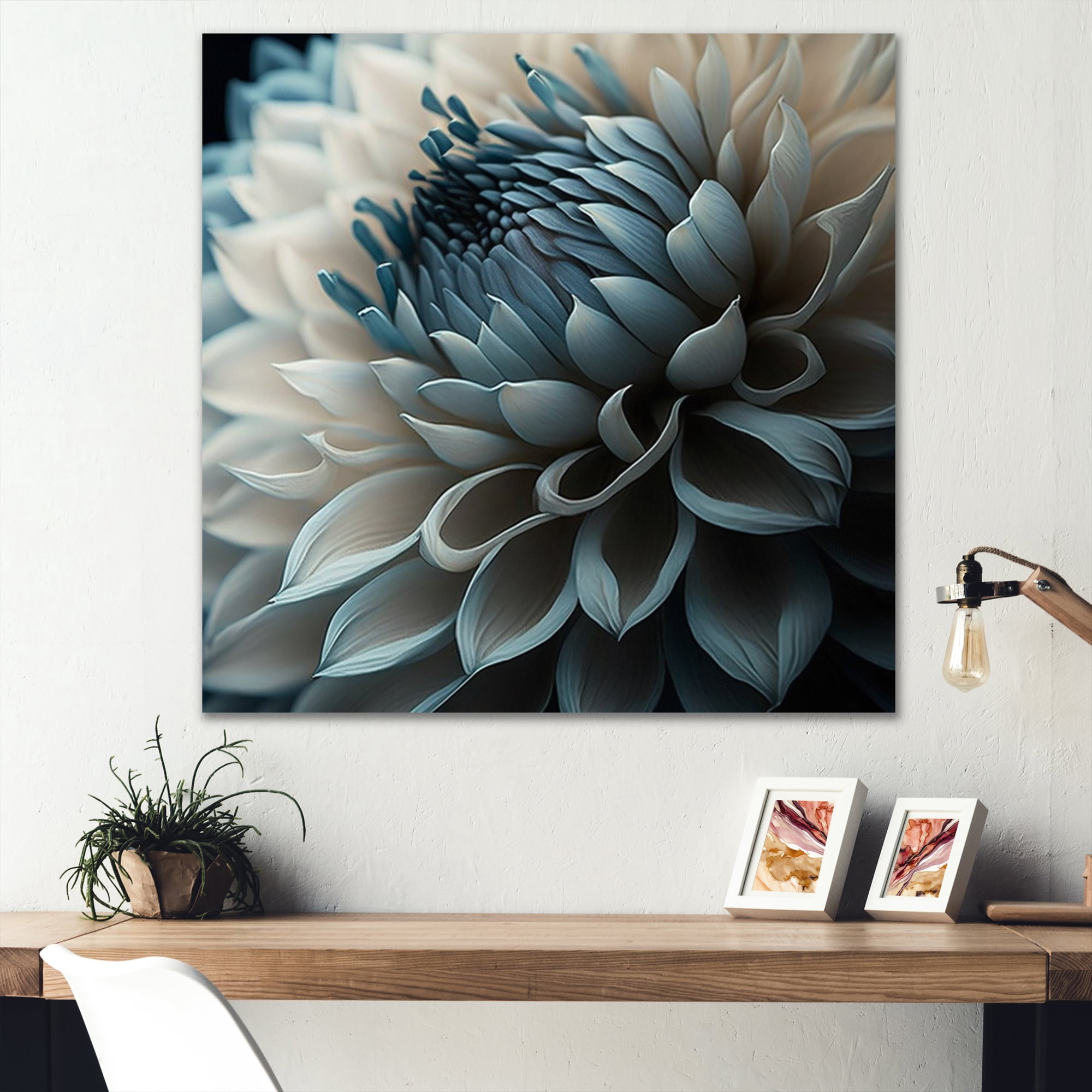 Designart Blue And White Dahlia Flowers II Canvas Wall Art