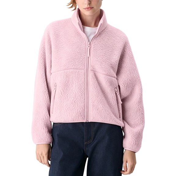 Bexdxz Women's Full Zip Sherpa Fleece Jacket, Stand Collar Fuzzy Plush Zip Up Outerwear with Zipper Pockets, Warm Casual Long Sleeve Coat for Fall Winter Outdoor Activities Pink XL