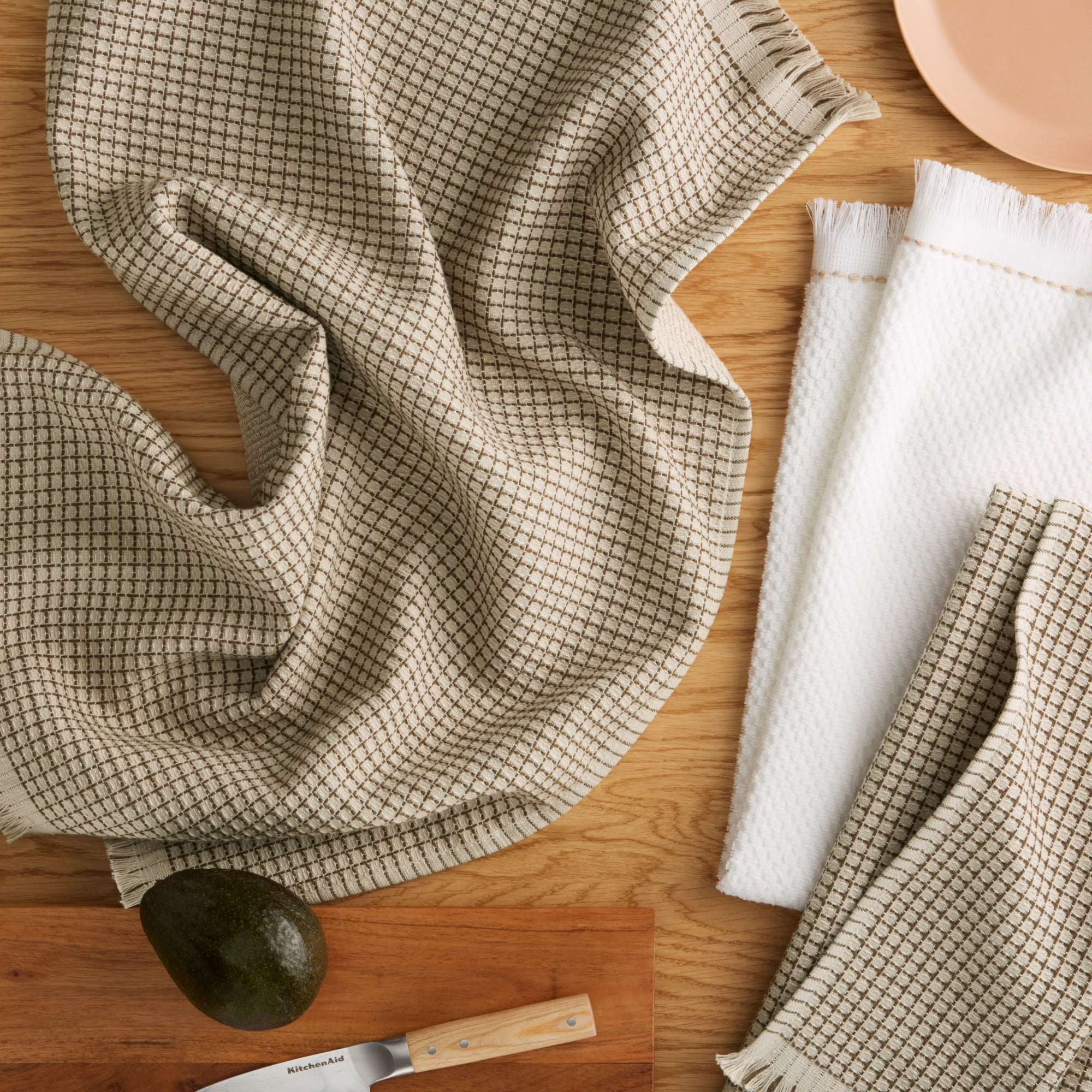 KITCHENAID Gourmet Series Gridlines Kitchen Towels 3-Pack Set, 100% Cotton Absorbent, Milkshake Tan, 18"x28"