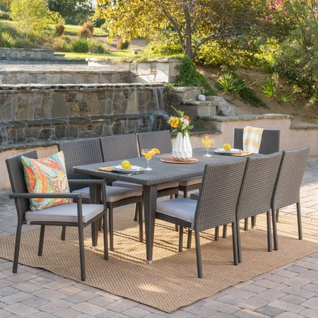 Rectangular Wicker - Granger Outdoor 9 Piece Wicker Rectangular Dining Set with Cushions, Grey, Silver