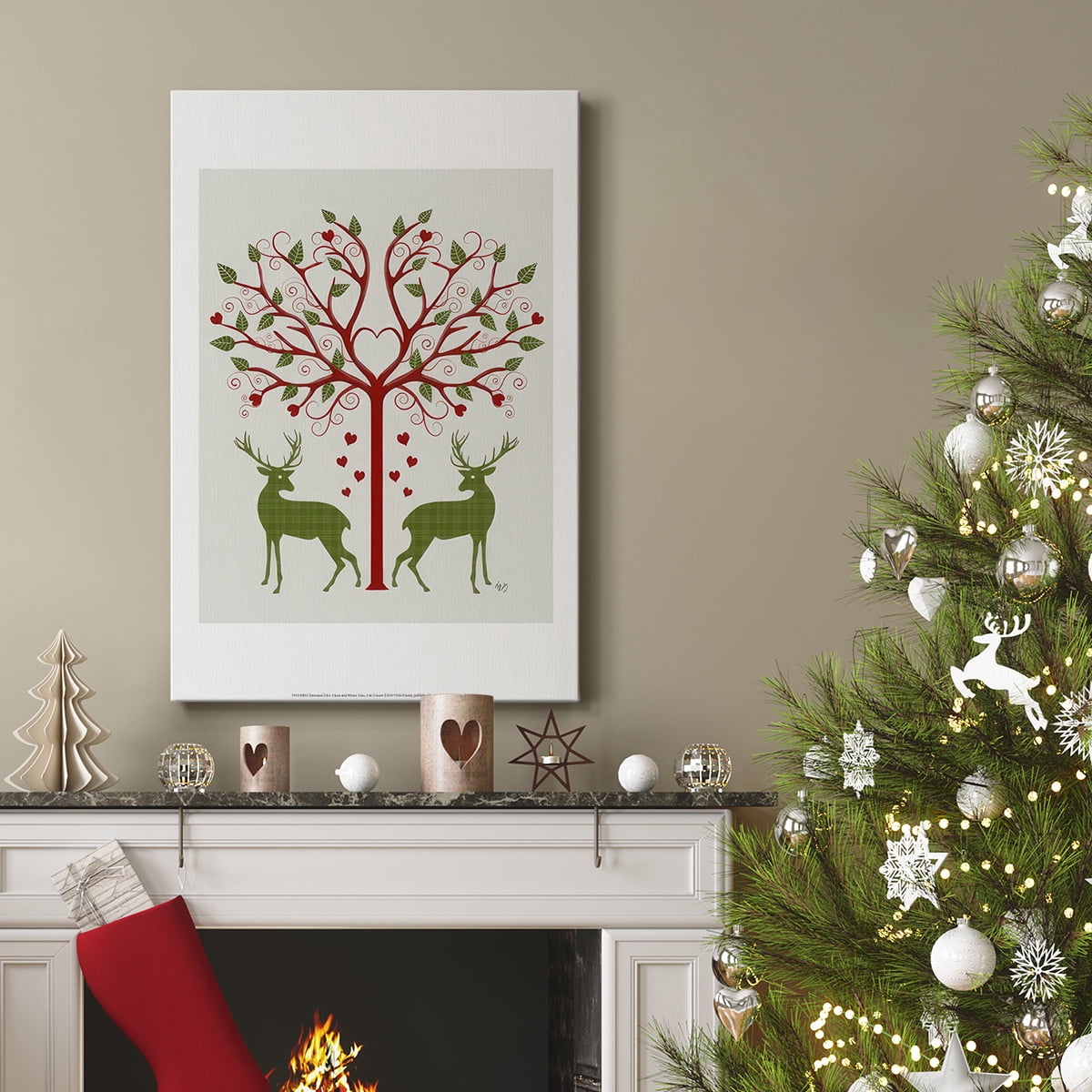 Christmas Des - Deer and Heart Tree, On Cream- Gallery Wrapped Canvas